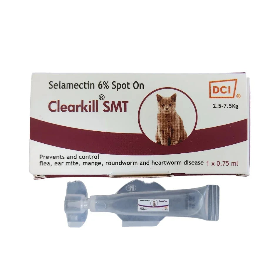 Clearkill SMT Spot On ,Treatment of Flea, Ear Mite, Roundworm and Heartworm for Kittens and Cats (0.25 ml & 0.75 ml)(Selamectin 6%) )