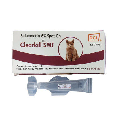 Clearkill SMT Spot On ,Treatment of Flea, Ear Mite, Roundworm and Heartworm for Kittens and Cats (0.25 ml & 0.75 ml)(Selamectin 6%) )