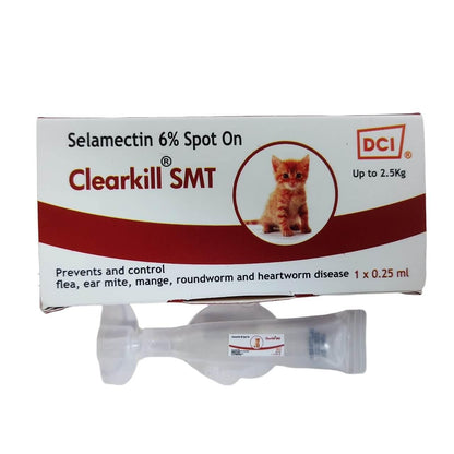Clearkill SMT Spot On ,Treatment of Flea, Ear Mite, Roundworm and Heartworm for Kittens and Cats (0.25 ml & 0.75 ml)(Selamectin 6%) )