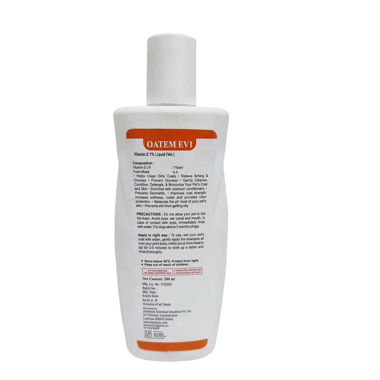 Oatem EV1  Shampoo for Dry and Itchy Skin, 200 ml ,  for Dog and Cats (Vitamin E 1% Liquid)