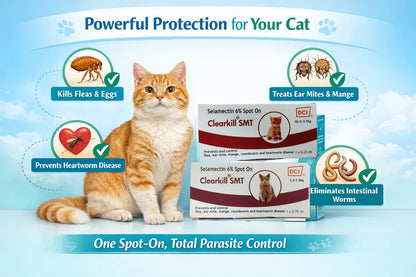 Clearkill SMT Spot On ,Treatment of Flea, Ear Mite, Roundworm and Heartworm for Kittens and Cats (0.25 ml & 0.75 ml)(Selamectin 6%) )